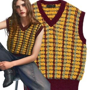 NWT! 🌟  ZARA V-Neck Structured Plaid Knit Sweater Vest Gilet w Ribbed Trim sz M
